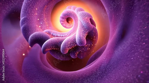 Glowing purple spiral within a textured, swirling, organic form; inner orange glow; sparkling particles