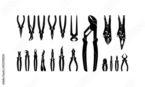 Set of Various Pliers, Pincer and Forceps Silhouette vector illustration