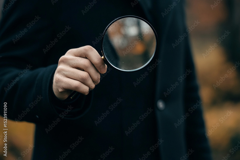 Mysterious detective inspecting with magnifying glass outdoors in vintage attire Mysterious detective inspecting with magnifying glass outdoors in vintage attire