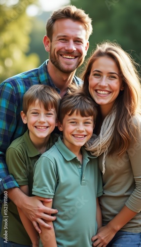 Joyful family portrait with smiling parents and two happy boys