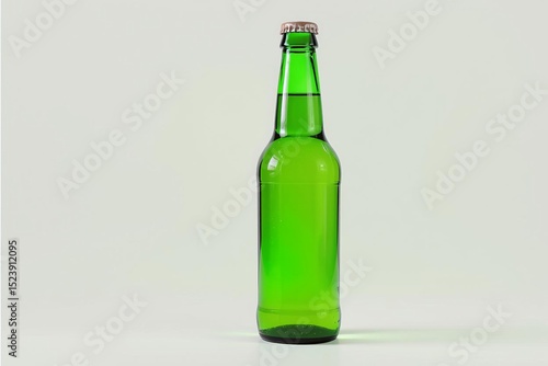 Closed green glass bottle with metallic cap, isolated on light background with clean studio lighting for beverage product display