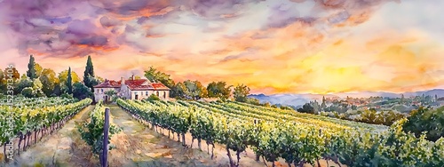 Watercolor painting banner of a vibrant sunset over a tuscan vineyard landscape with a traditional farmhouse and rows of grapevines