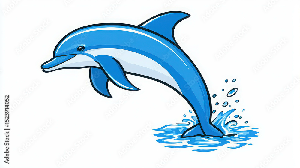 Obraz premium Colorful cartoon dolphin jumping out of the turquoise water, showcasing joy and playfulness, perfect for summer or ocean-themed designs and projects