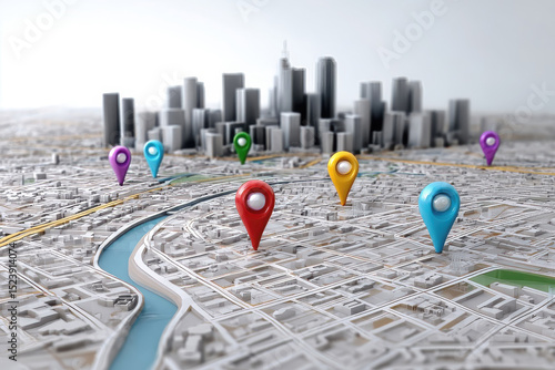 Colorful location markers on city map