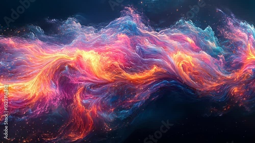 A vibrant, swirling nebula of fiery orange, pink, and blue hues, interspersed with glittering particles against a dark cosmic backdrop