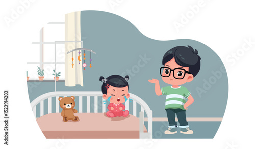 brother looking at crying  baby sister confused vector cartoon illustration