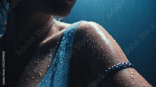 Water droplets gliding down the arm of a young woman in a wet dress, savoring the refreshing rain during a summer storm, captured in an intimate cinematic close up