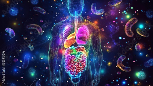 Human body organs with colorful microbes