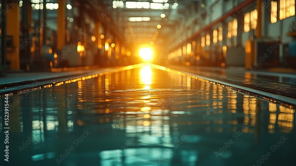 Fototapeta premium Sunset reflecting on factory floor, industrial production