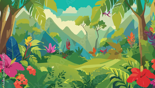 Realistic Illustration of Various Tropical Rainforest Vegetation and Plant Species