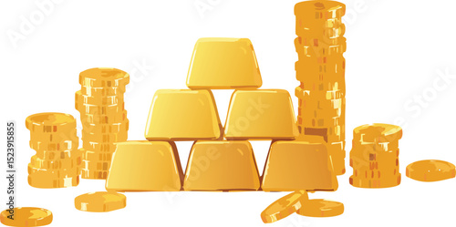 Business success, finance, wealth, banking and stock exchange market investment concept: group of gold ingots or bullions and stacks of golden coins isolated on a white background with stacks of bars