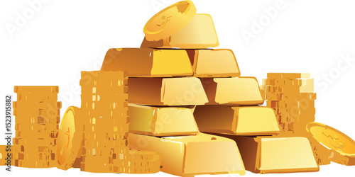 Business success, finance, wealth, banking and stock exchange market investment concept: group of gold ingots or bullions and stacks of golden coins isolated on a white background with stacks of bars