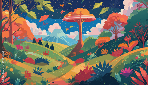 Realistic Illustration of Various Tropical Rainforest Vegetation and Plant Species