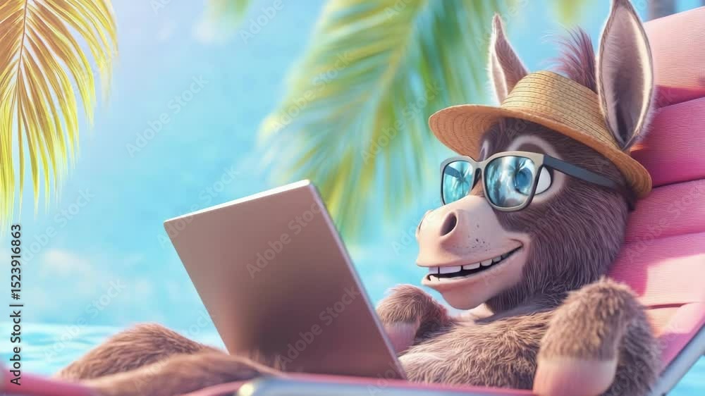 Hilarious donkey character lounges in pink beach chair by the ocean, wearing sunglasses and straw hat, using tablet for funny vacation or relaxation concept for holiday or greeting card. Hilarious donkey character lounges in pink beach chair by the ocean, wearing sunglasses and straw hat, using tablet for funny vacation or relaxation concept for holiday or greeting card.