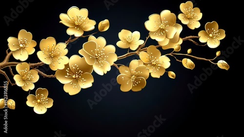 A branch of golden blossoms against a dark background, exhibiting intricate detailing and a luxurious feel