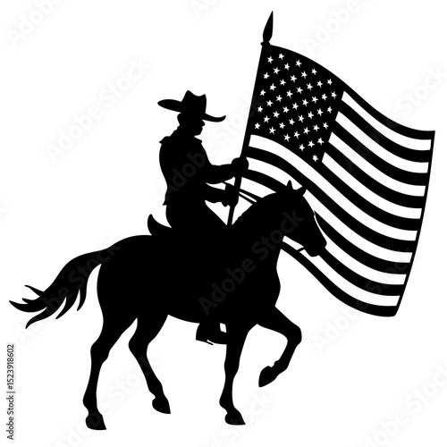 Silhouette of a cowboy on horseback holding a waving American flag