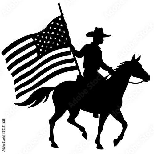 Silhouette of a cowboy on horseback holding a waving American flag