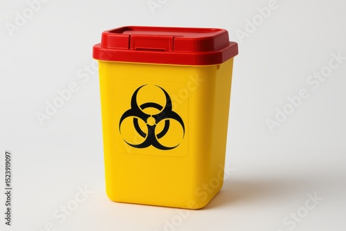 Yellow medical sharps disposal container with biohazard symbol isolated