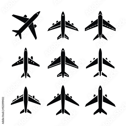 Airplane Silhouette Top View Icon Set