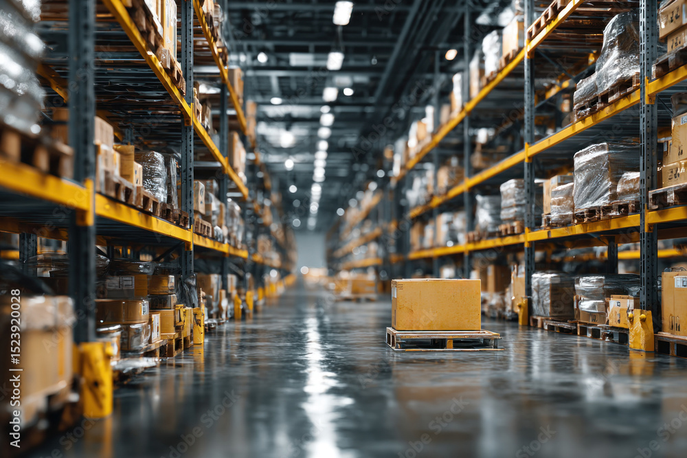 Fototapeta premium A spacious warehouse shows organized shelves lined with boxes and pallets in a well-lit environment, indicating active inventory management