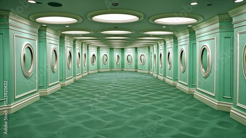 A long, curved hallway with sea-green walls, white trim, circular mirrors, and a rippled, sea-green floor under recessed circular ceiling lights