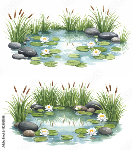 Peaceful Pond with Water Lilies and Cattails