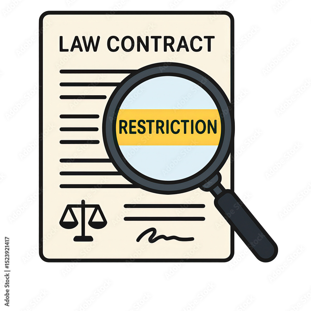 law restriction policy concept. Contract with highlighted restriction under magnifying glass. law restriction policy concept. Contract with highlighted restriction under magnifying glass.