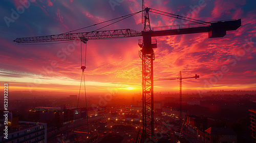 Majestic Crane Silhouette Over Dusk Construction Site