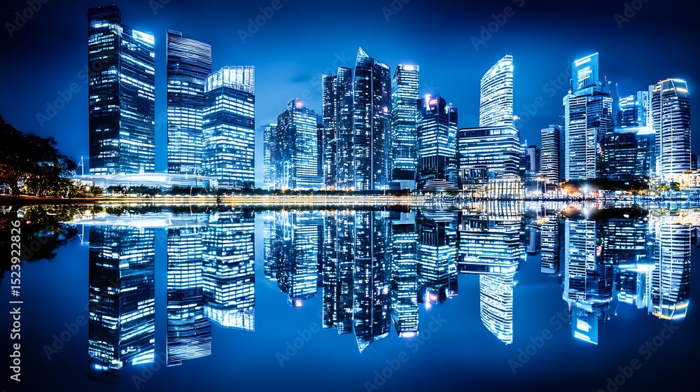 Fototapeta premium Cityscape mirrored in water at nighttime