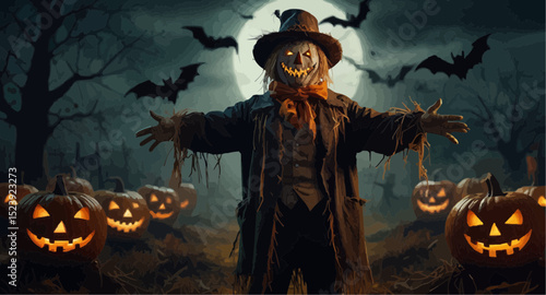 A Halloween-themed scarecrow stands among pumpkins, with bats fluttering in the eerie atmosphere.  