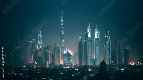 Dubai skyline glows at night futuristic