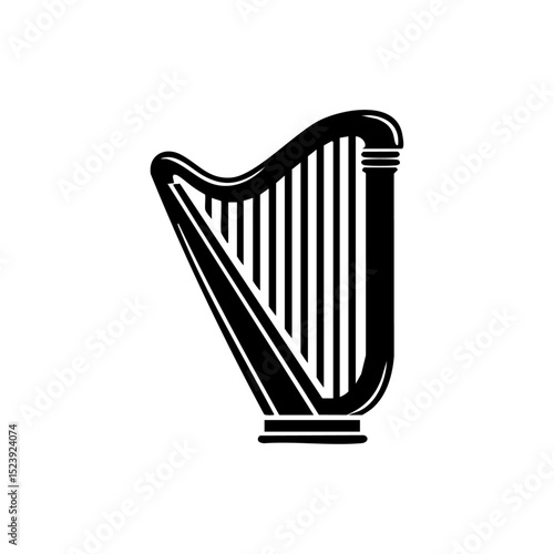 Elegant black harp icon with strings and artistic styling.

