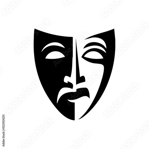 Minimalist black theater mask combining comedy and tragedy for performing arts branding.


