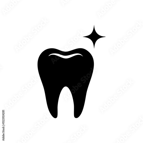 Clean black vector icon of a sparkling tooth symbolizing dental hygiene and care.

