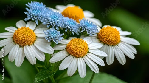A close-up captures a cluster of white daisies with vibrant yellow centers, interspersed with smaller, light blue, densely-petaled flowers.  The backdrop is a soft, out-of-focus green