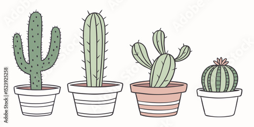 Five Flat-Vector Cactus Varieties in Clay Pots A Charming Desert Plant Artwork