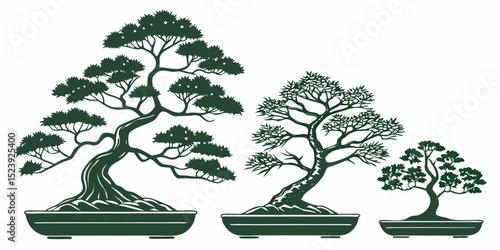 Serene Bonsai An Illustration of 5 Unique Bonsai Trees in Shallow Pots - A Peaceful Garden Escape