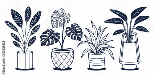 Minimal Flat Vector Design of 5 Houseplants Ideal for Home Decor and Interior Design Projects