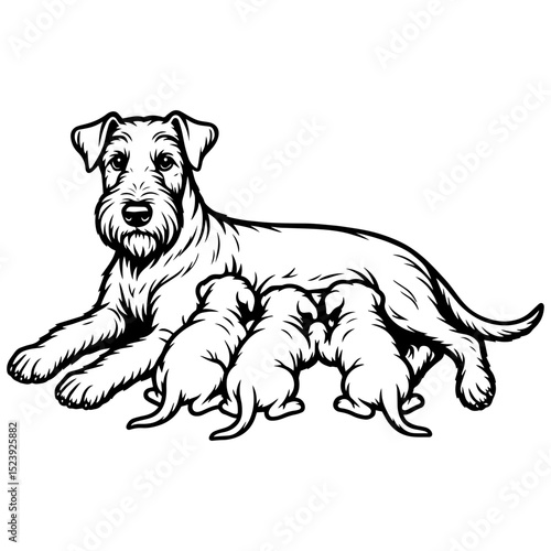 Terrier dog mother with puppies, black and white line art for laser cutting and pet craft designs, dog family vector template