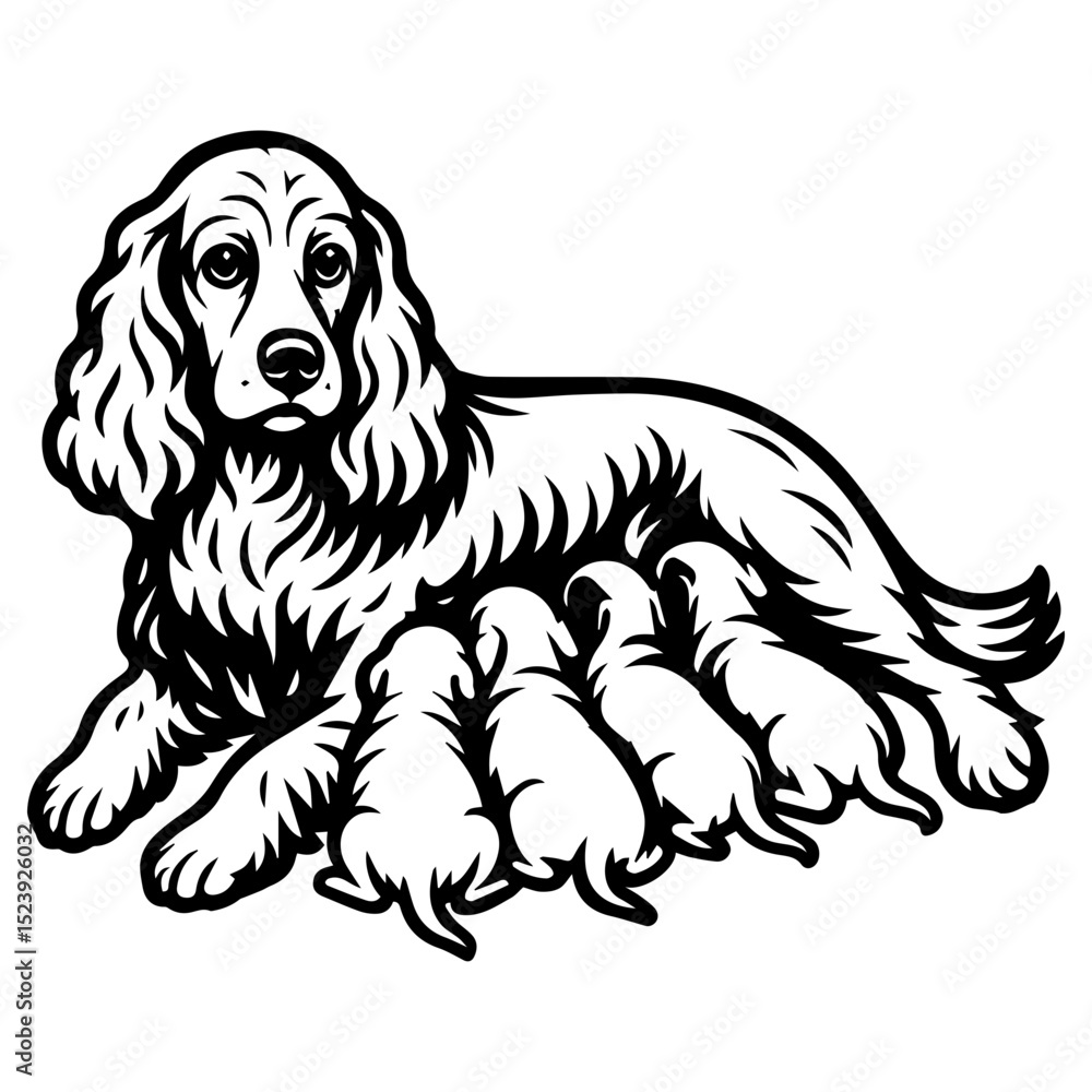 Fototapeta premium Vector image of a cocker spaniel dog mom nursing her puppies, detailed black and white design