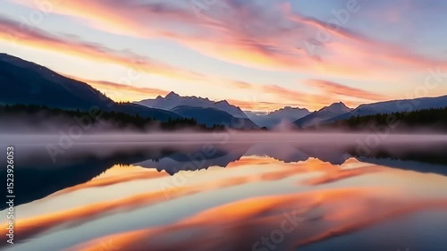 Wallpaper Mural Warm yellow and pink orange sunrise sky above a tranquil lake with morning mist. Beautiful mountain landscape during dawn hours, footage. Torontodigital.ca