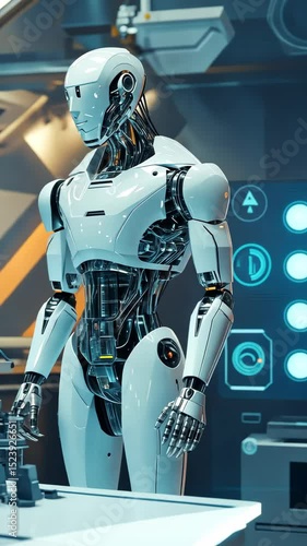 Futuristic robot observes and interacts with hightech control panel in advanced laboratory