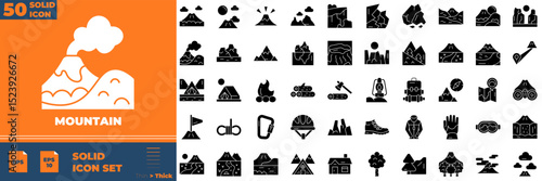 Mountain Solid Editable Icons set. Vector illustration in modern thin solid style of mountain icons: climb, volcano, valley, etc