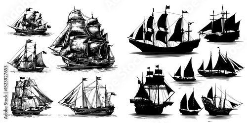 The silhouettes of pirate sail ships, corsair sailboats, and frigate boats are featured in a modern collection of marine vessel images, including corsair warships