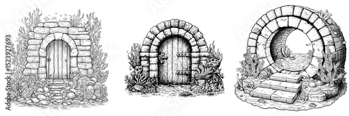 A fantasy game UI asset featuring a cartoon underwater sea portal, magic door, or gate, is comprised of a modern stone arch door at the entrance of an underwater world with seaweeds and coral