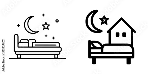 Icon representing a hostel or hotel for a travel accommodation or guest house room rental application, depicted in a modern style, incorporating elements such as a bed, pillow, and a night sky with a