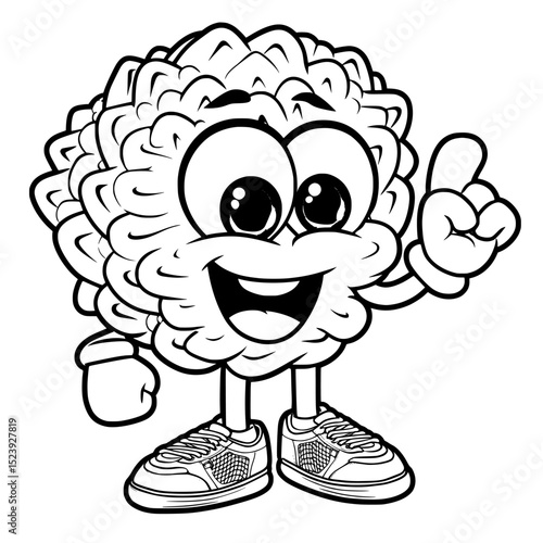 This cartoon artichoke, embodying a healthy food retro character, is illustrated with expressive eyes, donning vintage sneakers, and adopting a lively, playful pose, complete with a finger pointing