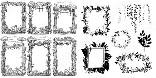 Modern border lines feature jungle tropical forest liana frames adorned with green leaves and plant branches, alongside square, round, and oval frames