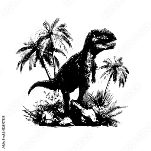 A prehistoric Carnotaurus dinosaur character is depicted as a modern cartoon carnivorous ancient reptile and dino predator in a lush tropical landscape filled with rocks, palm trees, green bush, and