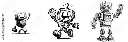 A charming retro cyborg with a boxy metal body and mechanical limbs, reminiscent of classic sci-fi, is walking and waving, embodying a groovy robotic vibe from the y2k era